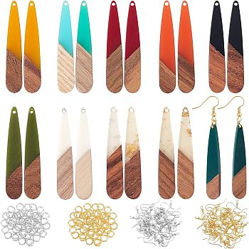 DIY Teardrop Dangle Earring Making Kits, Including 20Pcs 10 Colors Resin & Walnut Wood Pendants, 40Pcs 2 Colors Brass Earring Hooks and 40Pcs 2 Colors Jump Rings, Mixed Color, Pendants: 44x7.5x3mm, Hole: 1.2mm, 2pcs/color