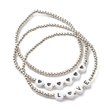 Love Heart Beads Stretch Bracelets Set for Teen Girl Women, CCB Plastic & Acrylic Beads Bracelets, Sienna, Inner Diameter: 2-1/4 inch(5.6cm), 3pcs/set