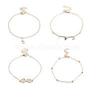 4Pcs 4 Style Alloy Chain Anklets Sets, Bowknot Link Anklets with Triangle and Resin Pearl Charm for Women, Light Gold, 8.27~9.25 inch(21~23.5cm)(SJEW-D009-08KCG)