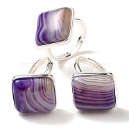 Natural Banded Agate Adjustable Rings, with Brass Base Findings, Lead Free & Cadmium Free, Rhombus, Rhombus: 24x25mm, US Size 9 3/4(19.5mm)(RJEW-H240-01S-11)