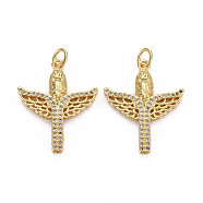 Brass Micro Pave Cubic Zirconia Pendants, with Jump Rings, Nickel Free, Real 16K Gold Plated, Cross with Wing, Clear, 25x20x2.5mm, Jump Ring: 5x1mm, 3mm inner diameter(KK-Q252-070B-NF)