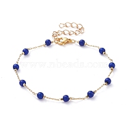 Round Synthetic Turquoise(Dyed) Beaded Bracelets, with Brass Cable Chains and 304 Stainless Steel Lobster Claw Clasps, Golden, Blue, 7-5/8 inch(19.3cm)(BJEW-JB05274-02)