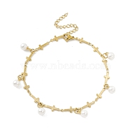 Plastic Pearl Charms Bracelet with Cross Link Chains, Vacuum Plating 304 Stainless Steel Jewelry for Women, Golden, 8-7/8 inch(22.5cm)(STAS-E001-28G)