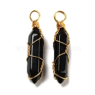 Glass Pendant, with Golden Brass Wire Findings, Bullet Charms, Black, 41~43x8.5~10x10mm, Hole: 5mm(GLAA-H029-06G-03)