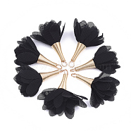 Iron Pendants, with Chiffon, Flower, Golden, Black, 30~35x20~30mm, Hole: 1~4mm(FIND-T034-01)