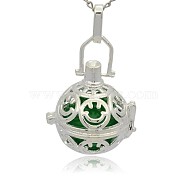 Silver Color Plated Brass Hollow Round Cage Pendants, with No Hole Spray Painted Brass Round Ball Beads, Green, 35x25x21mm, Hole: 3x8mm(KK-J216-13S)