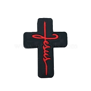 Cross with Word Jesus Food Grade Silicone Beads, Silicone Teething Beads, Black, 30x22.2mm(PW-WG41095-01)