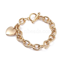 PVD Vacuum Plating 304 Stainless Steel Charm Bracelets, with Toggle Clasps, Heart, Golden, 8 inch(20.2cm)(X-BJEW-I295-09G)