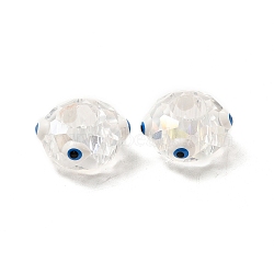 Transparent Glass European Beads, Large Hole Beads, with Enamel, Faceted, Rondelle with Evil Eye Pattern, White, 14x8mm, Hole: 6mm(GLAA-F121-07F)