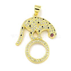 Brass Micro Pave Cubic Zirconia Pendants, Enamel Leopard with Ring Charms, Real 18K Gold Plated, 29x23x3.5mm, Hole: 4x3.5mm(KK-K354-16C-G)