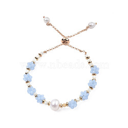 Natural Pearl & Glass Braided Slider Bracelet, Beaded Crochet Adjustable Bracelet for Women, Light Sky Blue, Inner Diameter: 1-3/4 inch(4.5cm)(BJEW-N018-01B)
