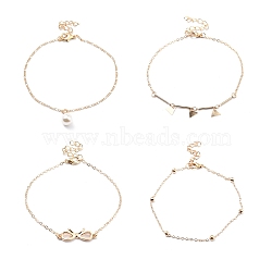 4Pcs 4 Style Alloy Chain Anklets Sets, Bowknot Link Anklets with Triangle and Resin Pearl Charm for Women, Light Gold, 8.27~9.25 inch(21~23.5cm)(SJEW-D009-08KCG)