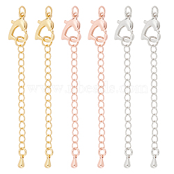 6Pcs 3 Colors Brass Chain Extender, End Chains, with Heart Lobster Claw Clasps and Teardrop Chain Tab, Mixed Color, 66mm, 2pcs/color(KK-NB0003-14)