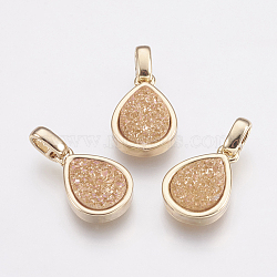 Natural Druzy Agate Pendants, with Brass Finding, teardrop, Golden, Bisque, 14.5x10x3~4mm, Hole: 2x2.5mm(KK-G343-13G-G)