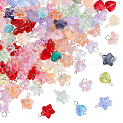 120Pcs 3 Styles Gradient Color Baking Paint Transparent Glass Star & Heart & Butterfly Connector Charms, with 304 Stainless Steel Loops, Mixed Color, Golden, 12~19x13~15x5~8mm, Hole: 2mm and 2.5~3mm(PALLOY-AR00029)
