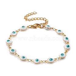 Enamel Oval with Evil Eye Link Chains Bracelet, Vacuum Plating 304 Stainless Steel Jewelry for Women, Golden, White, 6-1/2 inch(16.5cm)(BJEW-P271-04G-02)