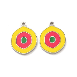 304 Stainless Steel Pendants,  with Enamel, Flat Round Charm, Stainless Steel Color, Yellow, 17x13x1.4mm, Hole: 1.4mm(STAS-L025-008P-02)