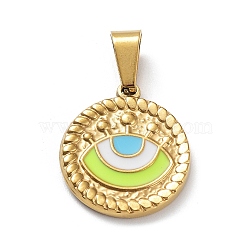 Ion Plating(IP) 304 Stainless Steel Pendants, with Enamel, Golden, Flat Round with Evil Eye Charm, Green Yellow, 18.5x16.5x2mm, Hole: 7.5x3.5mm(STAS-Q311-01G-01)