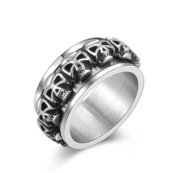 Stainless Steel Skull Rotatable Finger Ring, Spinner Fidget Band Anxiety Stress Relief Punk Ring for Men Women, Antique Silver, US Size 13(22.2mm)