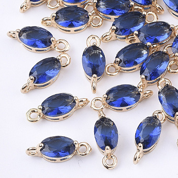Transparent Glass Links connectors, with Brass Findings, Faceted, Oval, Light Gold, Medium Blue, 11x4x4mm, Hole: 1mm