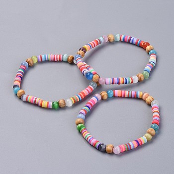 Handmade Polymer Clay Heishi Beads Stretch Bracelets, with Cat Eye Beads and Wood Beads, Mixed Color, 2-1/8 inch~2-3/8 inch(5.45~5.9cm)