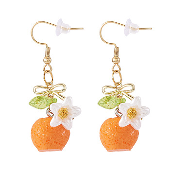 304 Stainless Steel Dangle Earrings, with Resin & Acrylic & Shell Pearl, Golden, Orange, 45x28mm