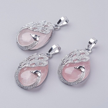 Natural Rose Quartz Pendants, with Brass Finding, Teardrop with Peacock, Platinum, 33x20x10.5mm, Hole: 5x6.5mm