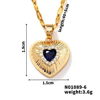 Brass Luxury Cubic Zirconia Heart Pendant Necklaces, Golden, Blue, 15.75 inch(40cm)