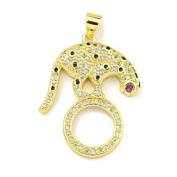 Brass Micro Pave Cubic Zirconia Pendants, Enamel Leopard with Ring Charms, Real 18K Gold Plated, 29x23x3.5mm, Hole: 4x3.5mm