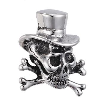 316 Surgical Stainless Steel Pendants, Pirate Style Skull, Antique Silver, 35x26x14mm, Hole: 5x4mm