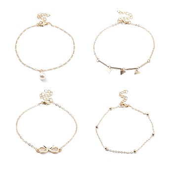 4Pcs 4 Style Alloy Chain Anklets Sets, Bowknot Link Anklets with Triangle and Resin Pearl Charm for Women, Light Gold, 8.27~9.25 inch(21~23.5cm)