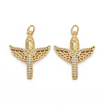 Brass Micro Pave Cubic Zirconia Pendants, with Jump Rings, Nickel Free, Real 16K Gold Plated, Cross with Wing, Clear, 25x20x2.5mm, Jump Ring: 5x1mm, 3mm inner diameter