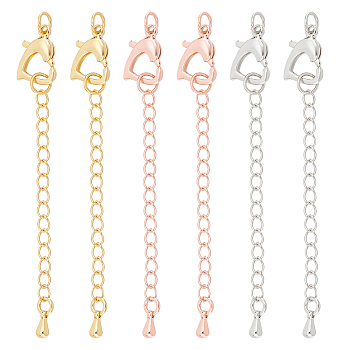 6Pcs 3 Colors Brass Chain Extender, End Chains, with Heart Lobster Claw Clasps and Teardrop Chain Tab, Mixed Color, 66mm, 2pcs/color