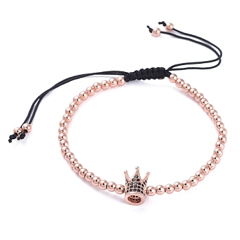 Braided Bead Bracelets, with Brass Round Beads and Brass Cubic Zirconia Beads and Braided Nylon Thread, Crown, with Cardboard Box, Rose Gold, 55~98mm