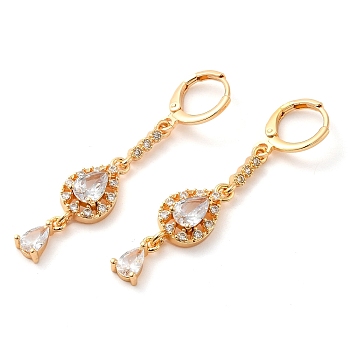 Rack Plating Golden Brass Dangle Leverback Earrings, with Cubic Zirconia, Teardrop, Clear, 50x9.5mm