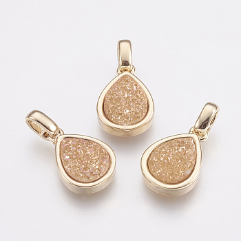 Natural Druzy Agate Pendants, with Brass Finding, teardrop, Golden, Bisque, 14.5x10x3~4mm, Hole: 2x2.5mm