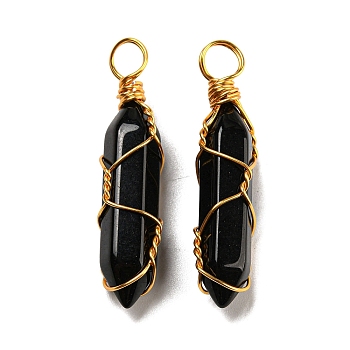 Glass Pendant, with Golden Brass Wire Findings, Bullet Charms, Black, 41~43x8.5~10x10mm, Hole: 5mm