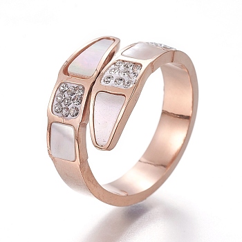 304 Stainless Steel Finger Rings, with Shell and Polymer Clay Rhinestone, Rose Gold, Size 6~9, 16~19mm