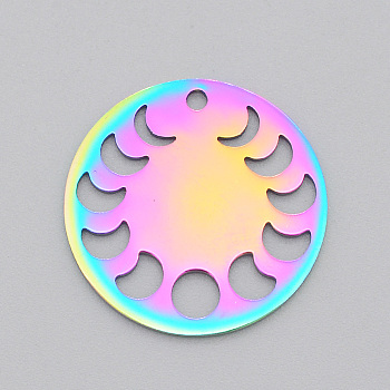 Ion Plating(IP) 201 Stainless Steel Pendants, Laser Cut, Phase of the Moon, Rainbow Color, 23x1mm, Hole: 1.8mm