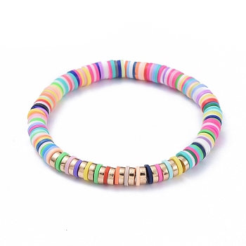 Handmade Polymer Clay Heishi Beads Stretch Bracelets, with Non-magnetic Synthetic Hematite Beads, Colorful, Inner Diameter: 2-1/8 inch(5.5cm)