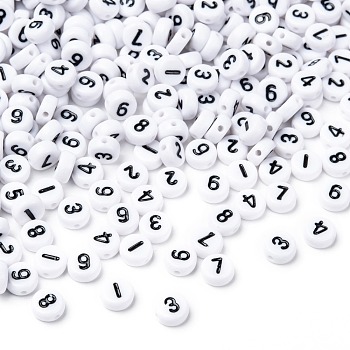 Mix Numbers White Flat Round Acrylic Beads, about 7mm in diameter, 4mm thick, hole: 1.2mm, about 350~390pcs/50g