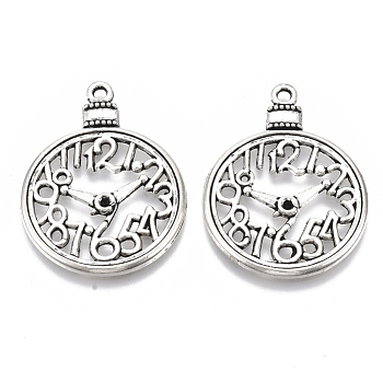 Tibetan Style Alloy Pendants, Cadmium Free & Lead Free, Filigree Joiner Findings, Clock, Antique Silver, 39.5x30x2mm, Hole: 2mm, about 200pcs/1000g