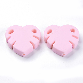 Food Grade Eco-Friendly Silicone Focal Beads, Chewing Beads For Teethers, DIY Nursing Necklaces Making, Leaf, Pearl Pink, 35x35.5x8mm, Hole: 2.5mm