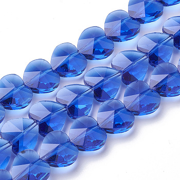Transparent Glass Beads, Faceted, Heart, Blue, 14x14x8.5mm, Hole: 1mm