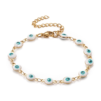 Enamel Oval with Evil Eye Link Chains Bracelet, Vacuum Plating 304 Stainless Steel Jewelry for Women, Golden, White, 6-1/2 inch(16.5cm)