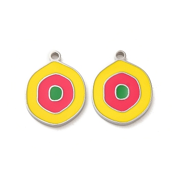 304 Stainless Steel Pendants,  with Enamel, Flat Round Charm, Stainless Steel Color, Yellow, 17x13x1.4mm, Hole: 1.4mm