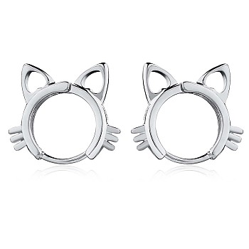 Women Cat Brass Leverback Earrings, Cute Kitty Face Earrings Jewelry Gift for Lovers Women Birthday Christmas, Platinum, 16x18.2mm