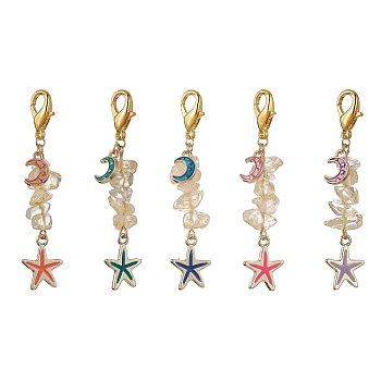 Starfish & Moon Alloy Enamel Pendants Decoraiton, Natural Citrine Chip Beads and Lobster Claw Clasps Charm, Mixed Color, 63mm