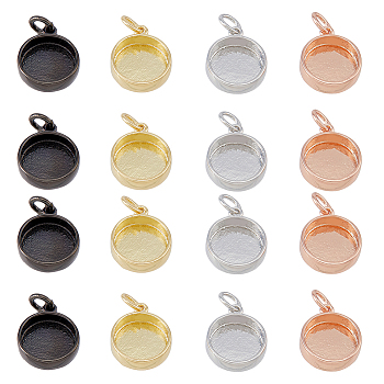 16Pcs 4 Colors Brass Pendant Cabochon Settings, Plain Edge Bezel Cups, Flat Round, Mixed Color, Tray: 10mm, 14x11.5x3mm, Hole: 2mm, 4pcs/color