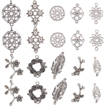 80Pcs 10 Styles Flower Theme Tibetan Style Alloy Connector Charms, Mixed Shapes, Antique Silver, 15~34x10.5~30x1.5~3.5mm, Hole: 1.2~2mm, 8pcs/style